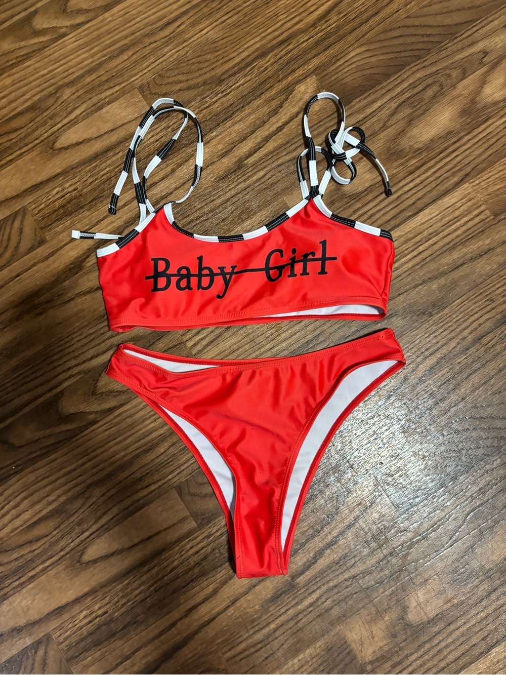 Red "Baby Girl" Bikini Set with Black & White Straps Both Size Medium.